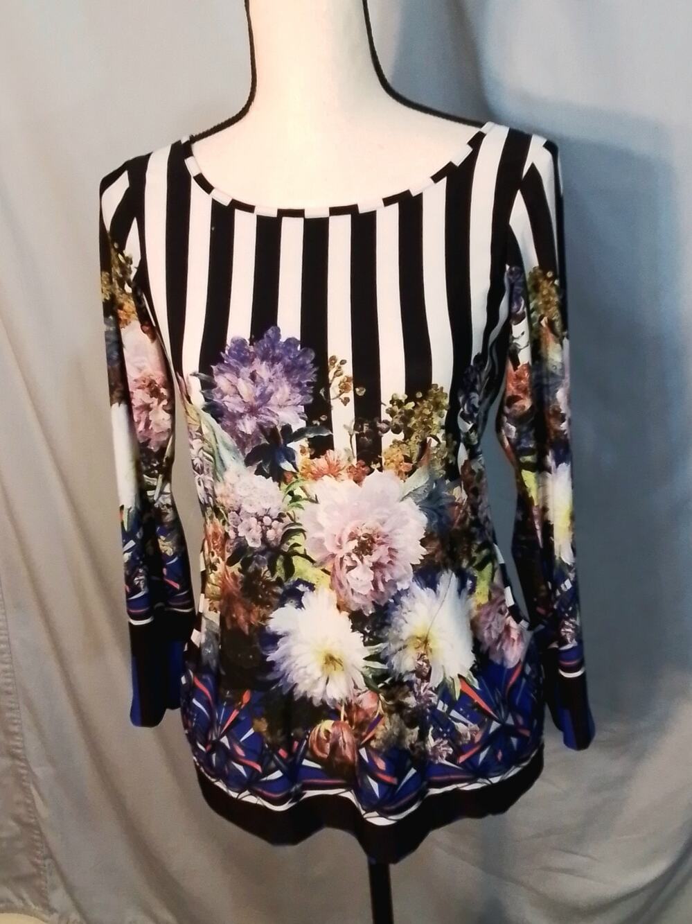 Hand-made bohemian style blouse, navy strips and flowers